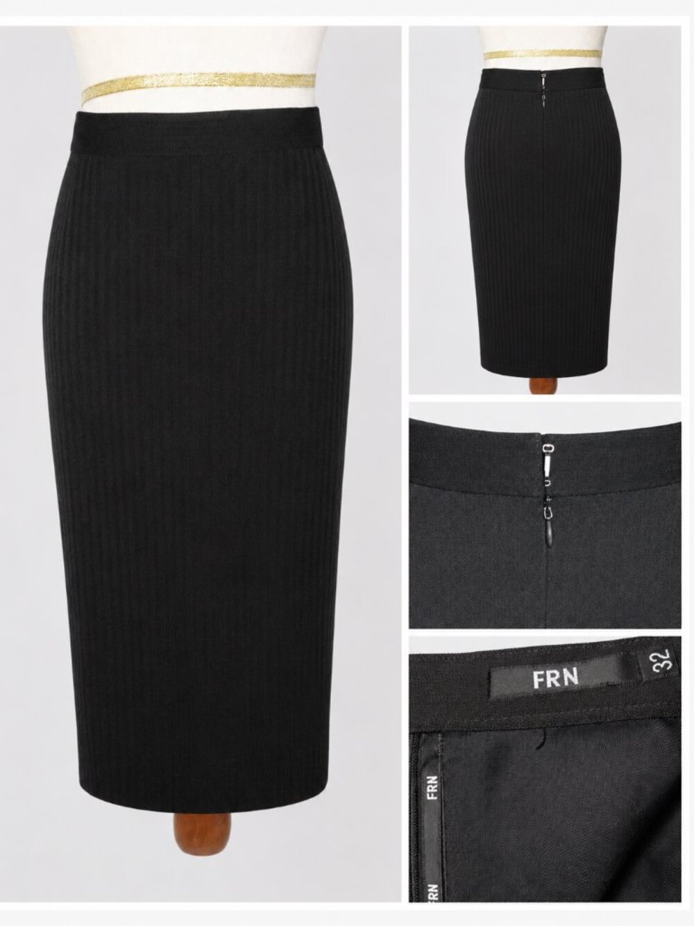 FRN Black Pencil Skirt Size 32 (L) Ribbed Textured Midi Career Work Skirt
